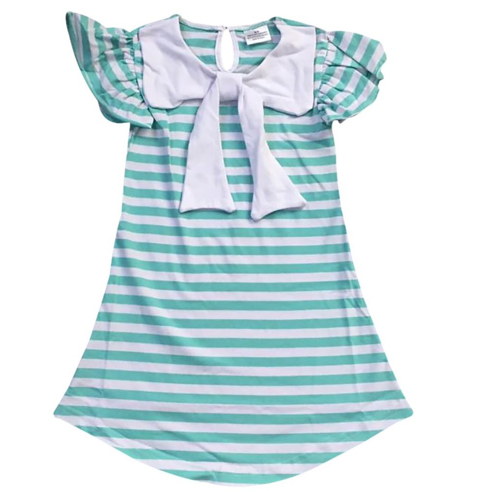 Little Girl Short Sleeve Collar Stripe Bow Easter School Flower Girl Dress